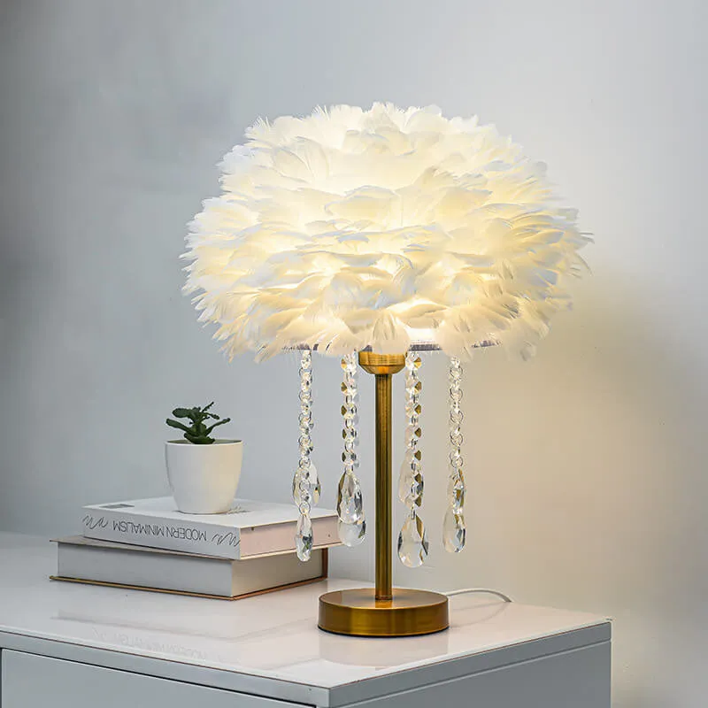 Modern Minimalist Feather Round Crystal Beads 1-Light Table Lamp