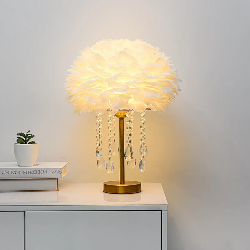 Modern Minimalist Feather Round Crystal Beads 1-Light Table Lamp