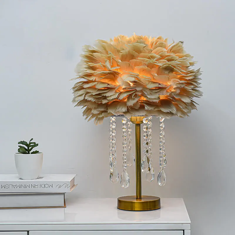 Modern Minimalist Feather Round Crystal Beads 1-Light Table Lamp