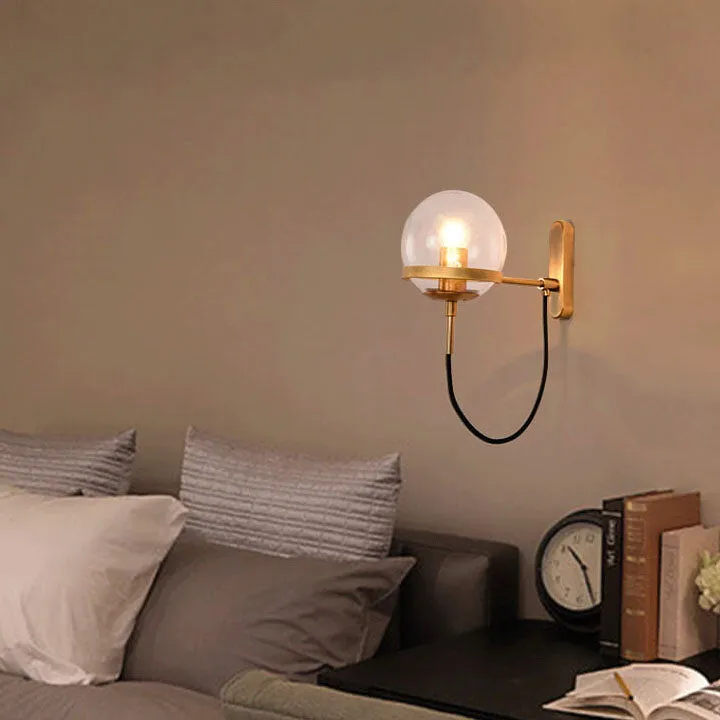 Modern Minimalist Round Ball Electroplated Copper Glass 1-Light Wall Sconce Lamp For Bedroom