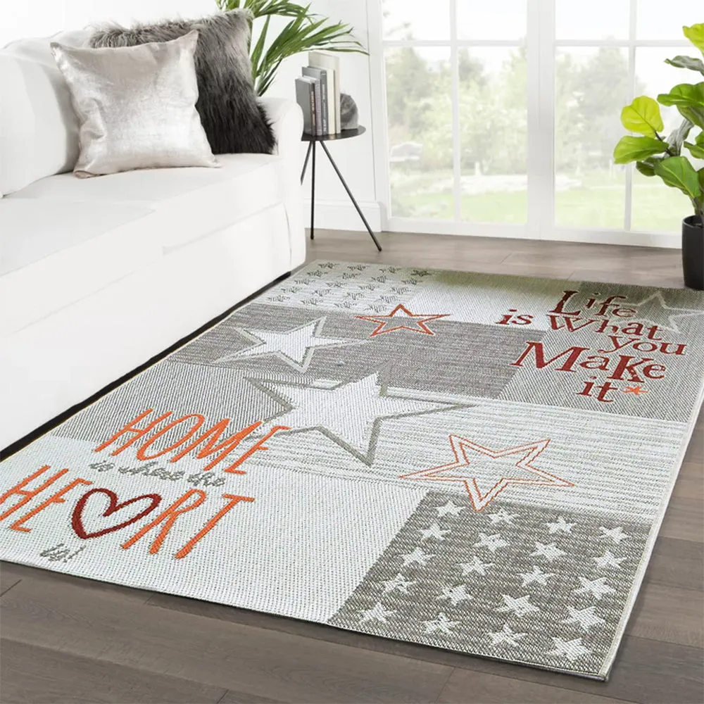 "Home/Heart Letters" Nostalgic Collection with Stars Flat Weave-Light Grey-160x230cm