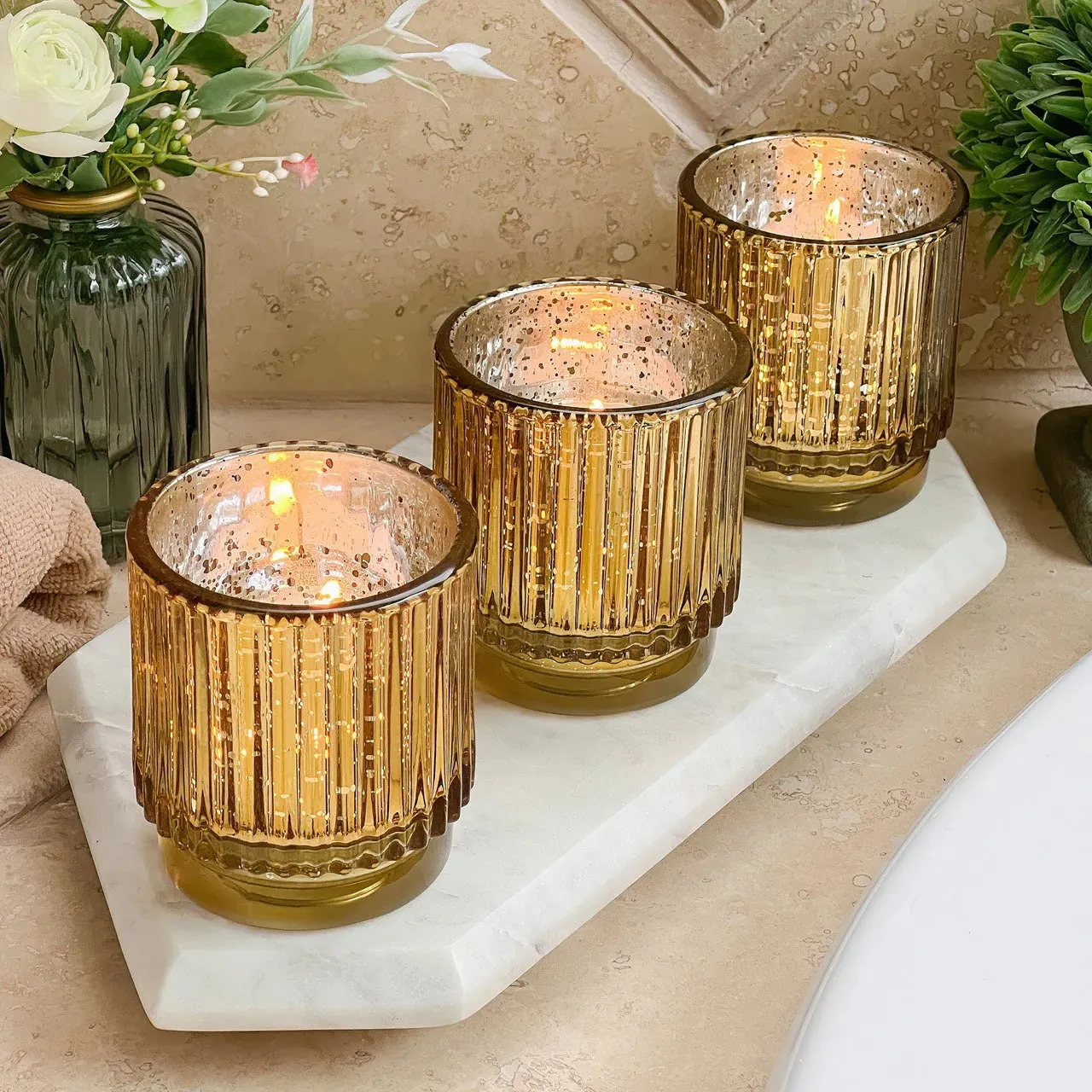 Ribbed Gold Glass Tealight Candle Holder