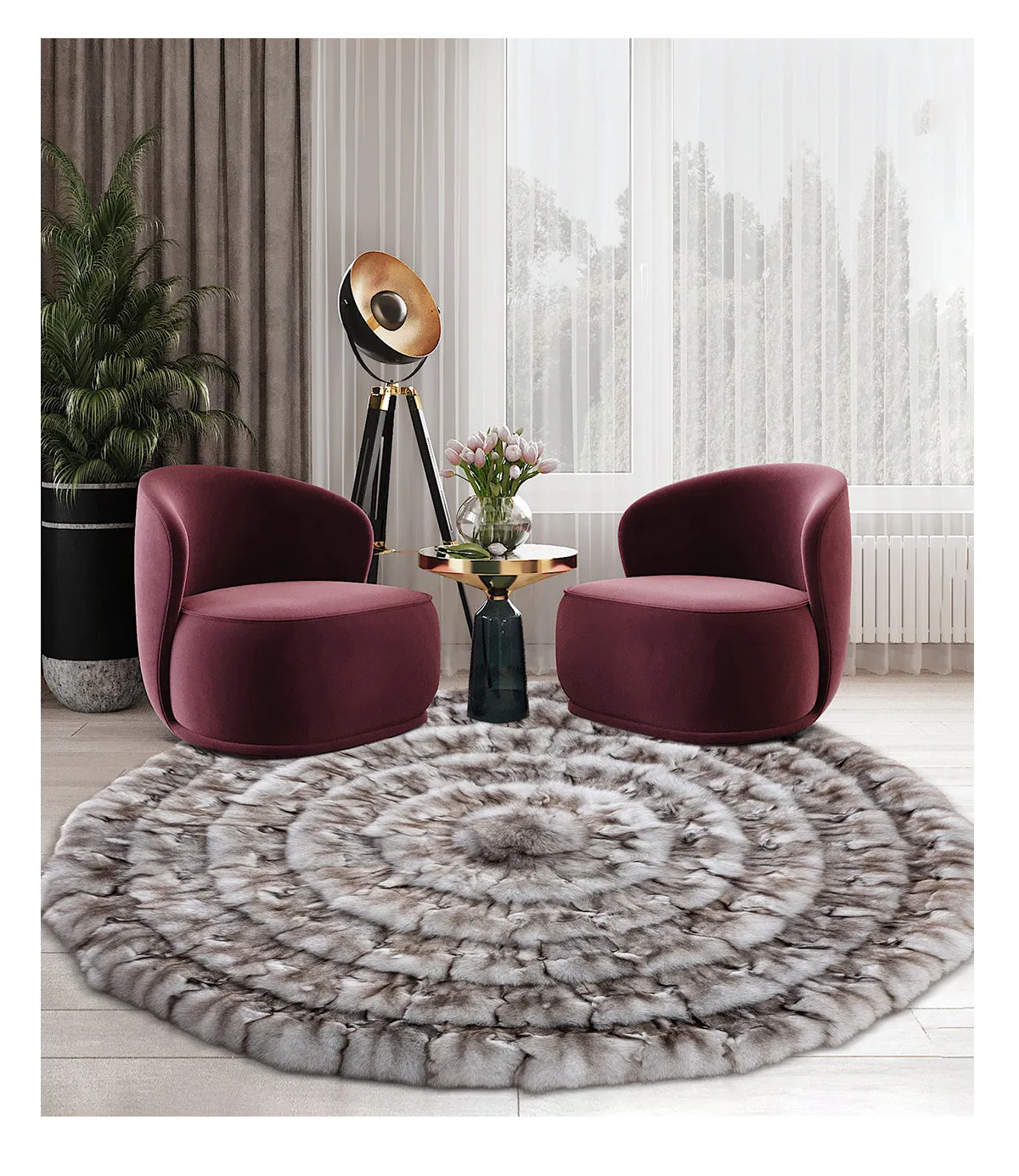 Round Real Saga Fox Fur Rugs Carpets