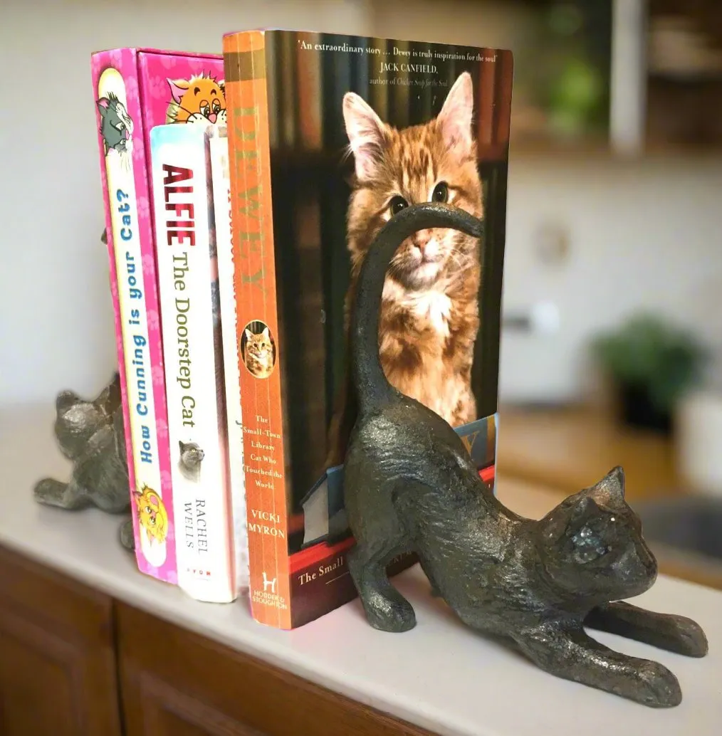 Stretching Cat Cast Iron Book Ends / Door Stop