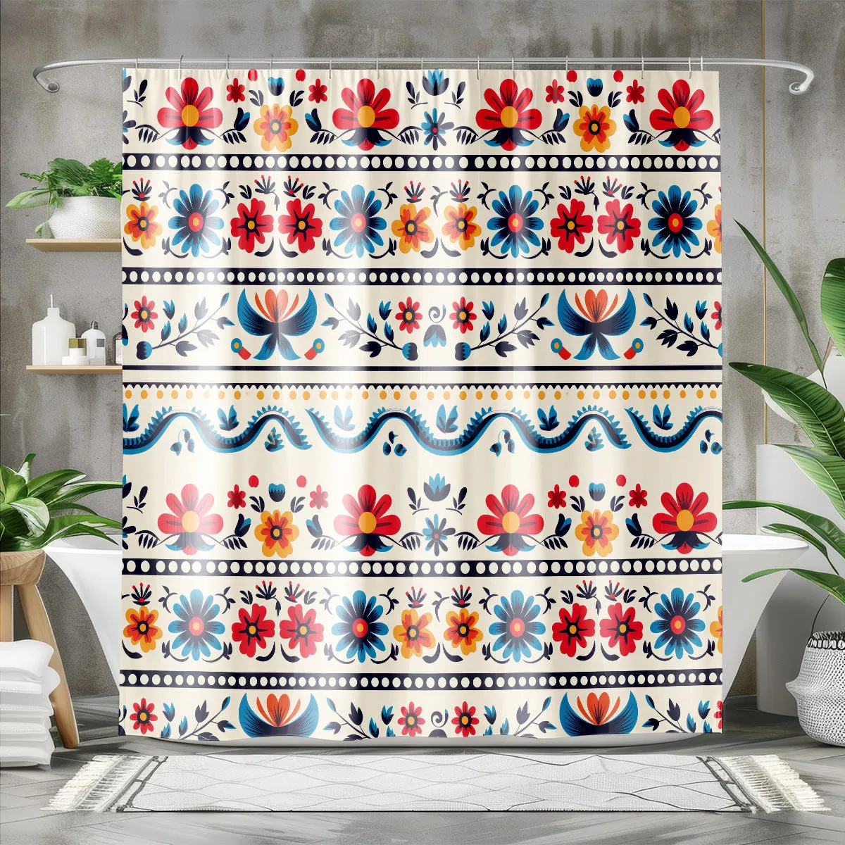 Traditional Mexican Floral Art Shower Curtain | Lightweight 100% Polyester, Water and Mildew Resistant, Multiple sizes with Hooks