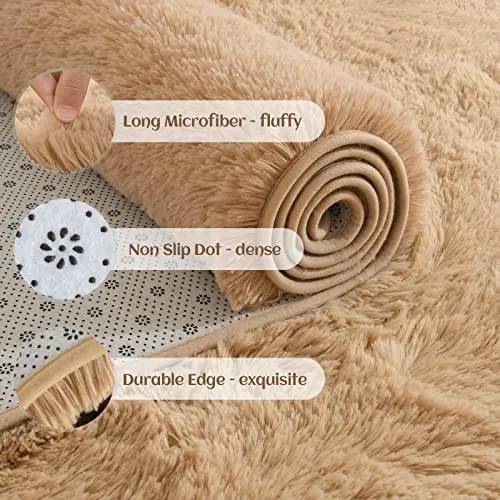 YJ.GWL Soft Area Rugs for Living Room Bedroom Plush Fluffy Rug 5x8 Feet, Beige Shag Rug Carpet Non Shedding for Nursery Playroom Dorm, Indoor Modern Fuzzy Rug for Kids Girls Room Home Decor